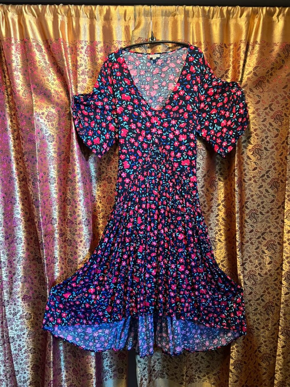 Avenue Plus Black Dress Pink Bud Floral Print